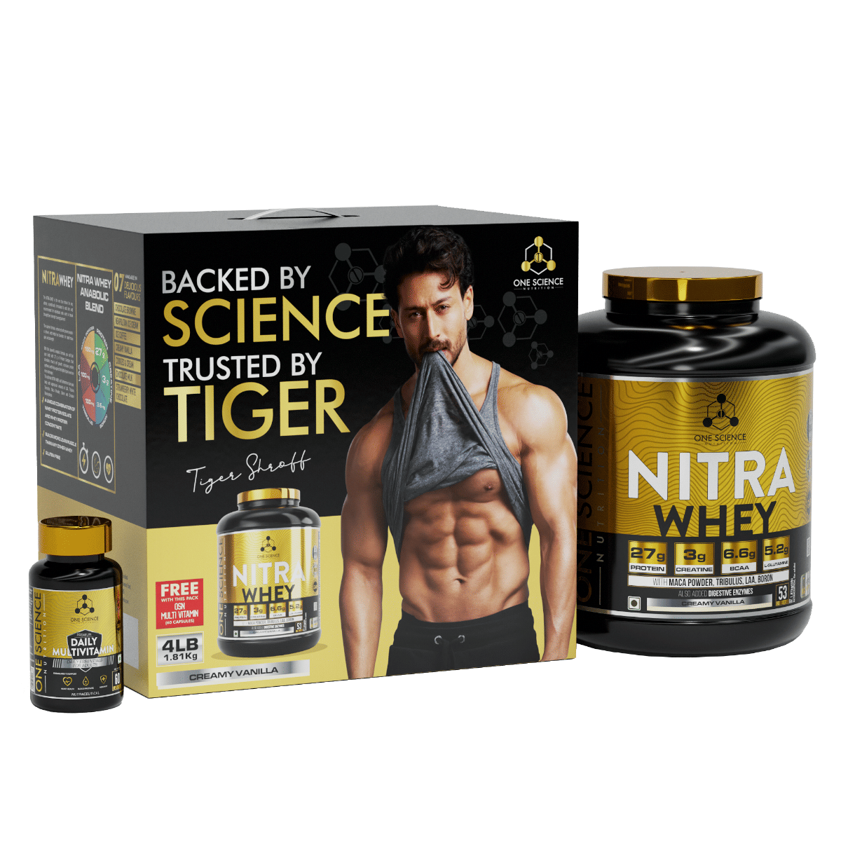

One Science Nutrition Nitra Whey Protein Powder Tiger Combo Pack | 27g Protein, 3g Creatine, 6.6g BCAA | With Testosterone Booster + FREE Daily Mul...