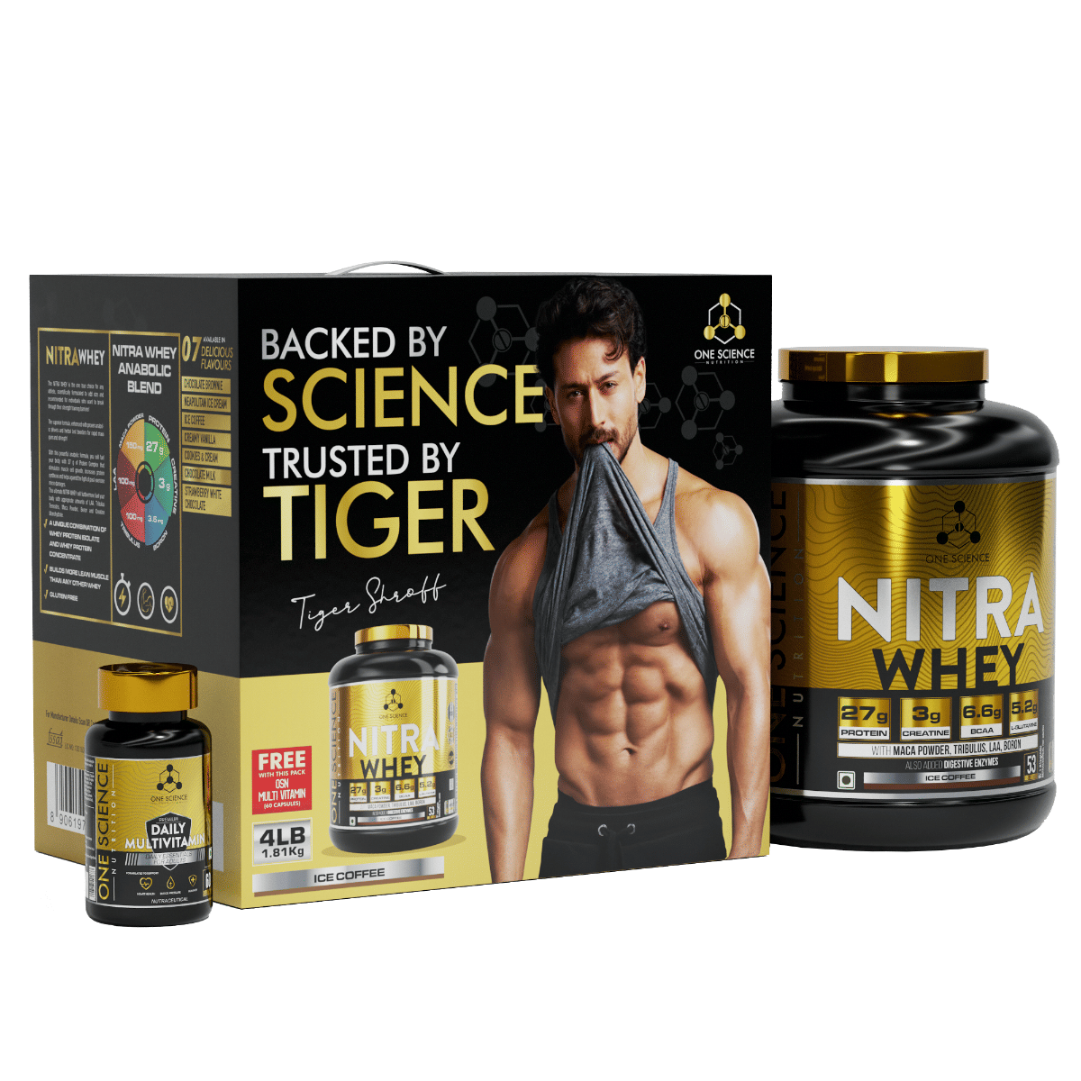 

One Science Nutrition Nitra Whey Protein Powder Tiger Combo Pack | 27g Protein, 3g Creatine, 6.6g BCAA | With Testosterone Booster + FREE Daily Mul...