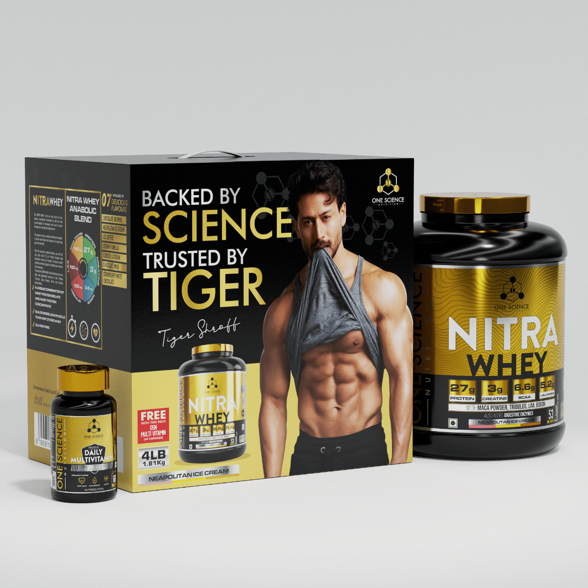 

One Science Nutrition Nitra Whey Protein Powder Tiger Combo Pack | 27g Protein, 3g Creatine, 6.6g BCAA | With Testosterone Booster + FREE Daily Mul...