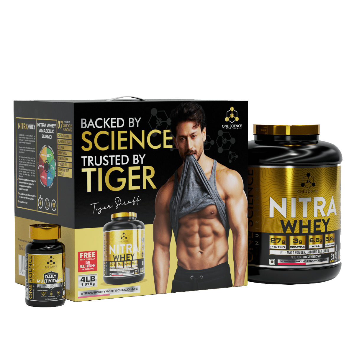 

One Science Nutrition Nitra Whey Protein Powder Tiger Combo Pack | 27g Protein, 3g Creatine, 6.6g BCAA | With Testosterone Booster + FREE Daily Mul...