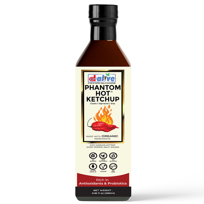 

D-Alive Phantom Hot (Tomato) Ketchup: Sauce made with World's Hottest Ghost Pepper / Bhut Jolokia Chilli (Sugar-free, Made with Organic Ingredients...