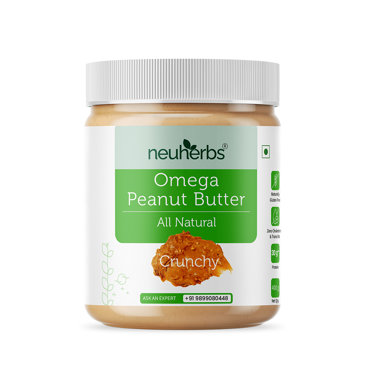 

Neuherbs All Natural Omega Peanut Butter with the Power of Omega-3, Gluten free, NON-GMO, Cholestrol Free, 100% Natural, Vegan | 30g Protein - 400 ...