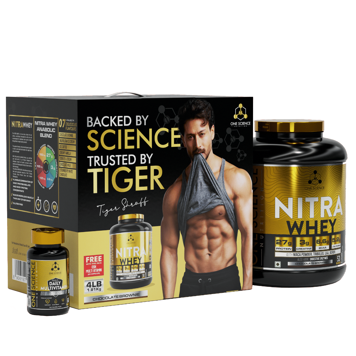 

One Science Nutrition Nitra Whey Protein Powder Tiger Combo Pack | 27g Protein, 3g Creatine, 6.6g BCAA | With Testosterone Booster + FREE Daily Mul...