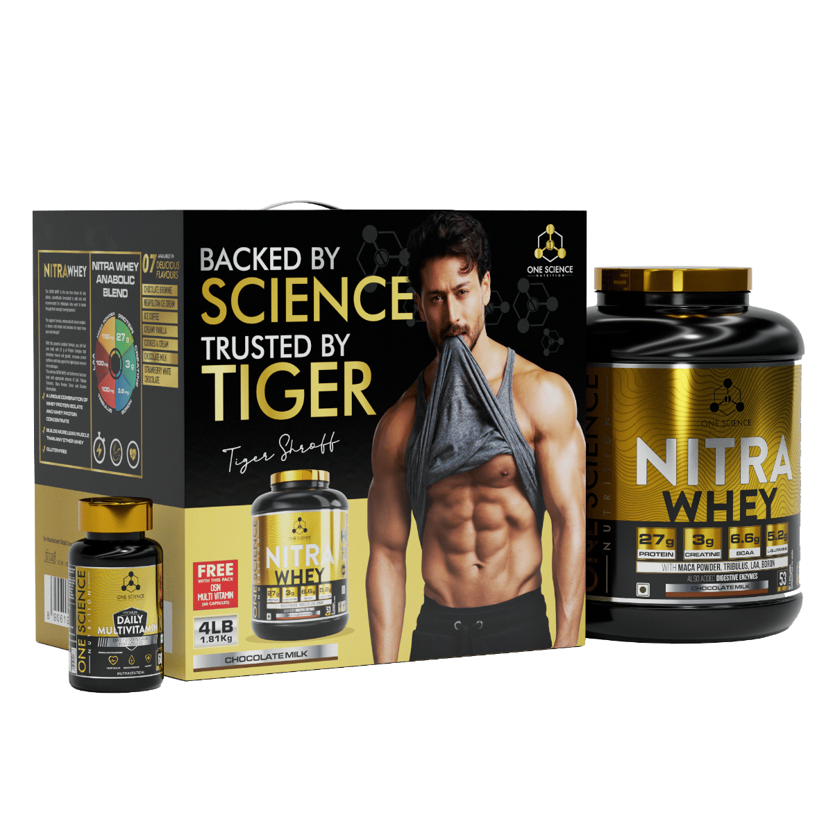

One Science Nutrition Nitra Whey Protein Powder Tiger Combo Pack | 27g Protein, 3g Creatine, 6.6g BCAA | With Testosterone Booster + FREE Daily Mul...