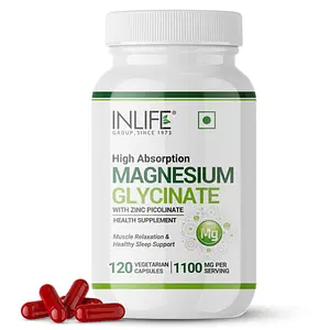 INLIFE Magnesium Glycinate Supplement 1100mg (Elemental Magnesium 242mg) with Zinc 10mg (as Zinc Picolinate) Per Serving, Relaxation & Healthy Muscle Function - 120 Veg Capsules