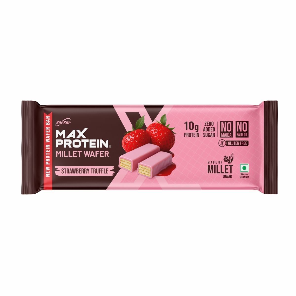 

RiteBite Max Protein Strawberry Truffle Millet Wafer Bars (Pack of 1), 10g Protein, No Maida, No Palm Oil, Zero Added Sugar, Crunchy Wafer Snack, 40g