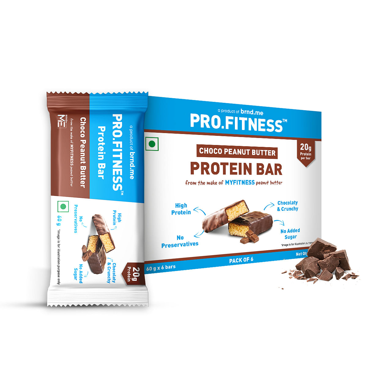 

PRO.FITNESS Protein Bar 60g | 20g Protein Bar | Chocolate Peanut Butter Flavor | Pack of 6