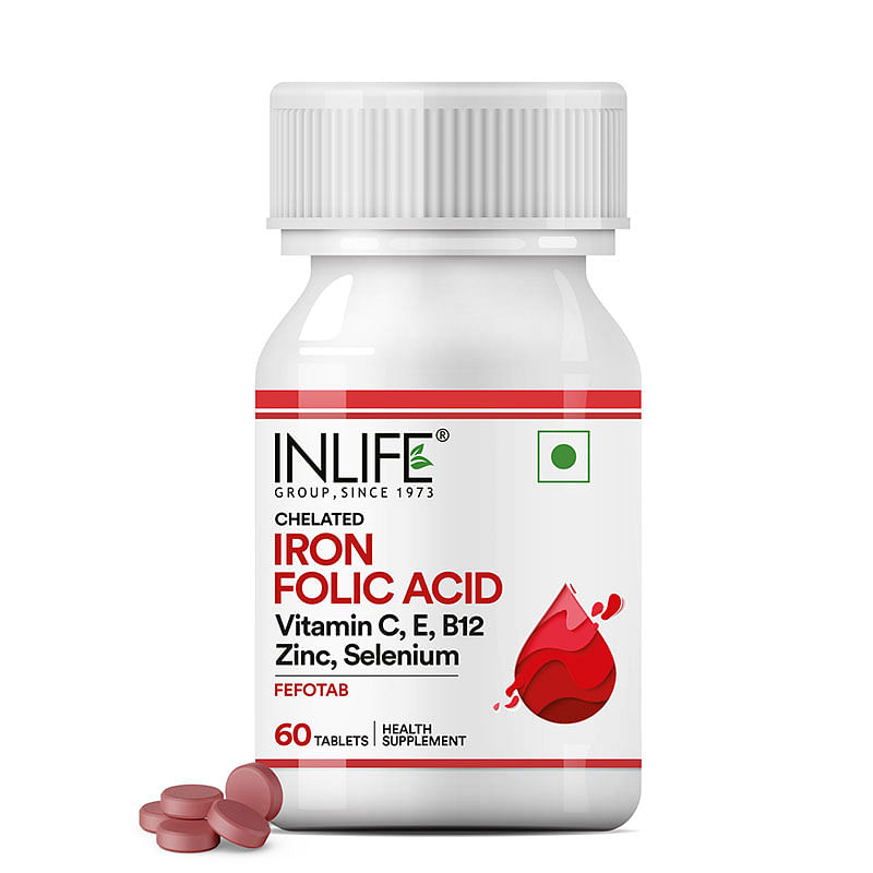 

INLIFE Chelated Iron Folic Acid Supplement with Vitamin C, E, B12, Zinc & Selenium for Men Women - 60 Tablets