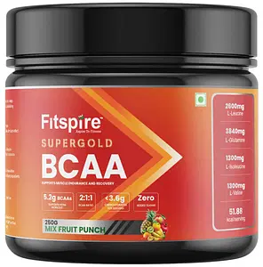 Fitspire super gold BCAA supplement for men women 250 gm 19 servings 2:1:1 ratio (Leucine, Isoleucine, valine) with glutamine amino acid | muscle growth and recovery |intra-workout (Fruit punch)