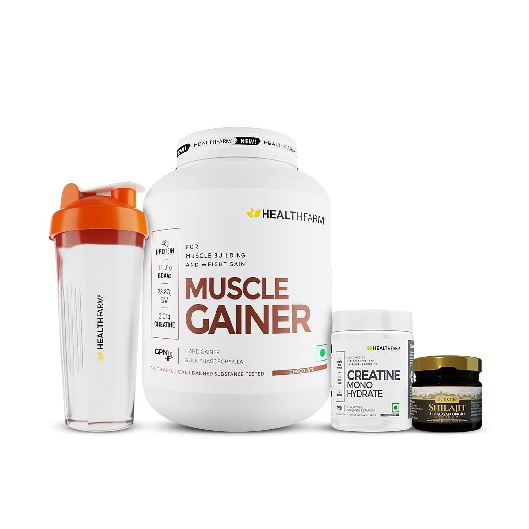 

Healthfarm Muscle Gainner Chocolate 3kg | Creatine 100gm|Shilajit 20gm|Free Plastic Shaker