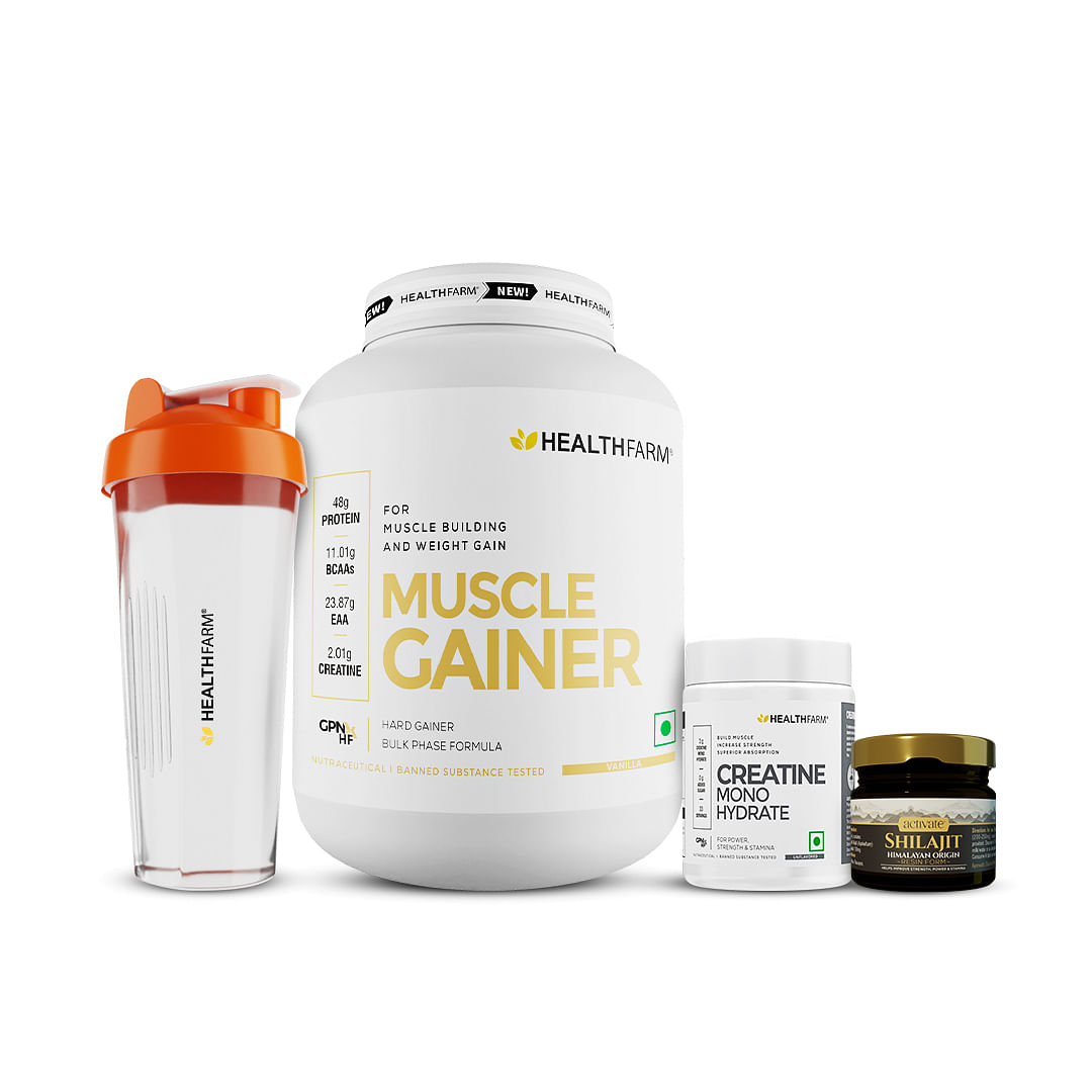 

Healthfarm Muscle Gainner Vanilla 3kg | Creatine 100gm|Shilajit 20gm|Free Plastic Shaker