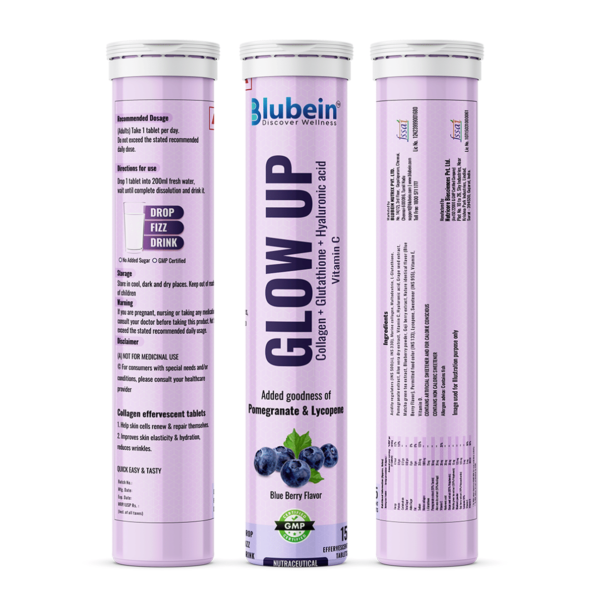 glutathione derived from Blubein Glow Up Collagen + Glutathione + Hyaluronic Acid Vitamin C  Effervescent Tablets (15 Each) Blueberry main image 0