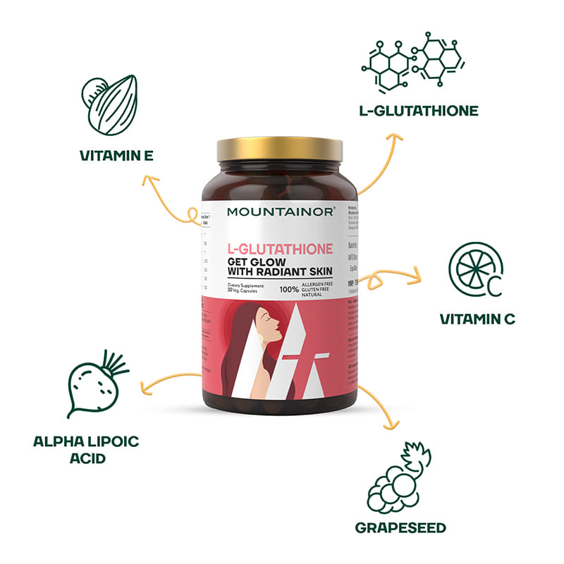 MOUNTAINOR Natural L Glutathione for Brightening & Radiant Skin (30 Veg  Caps) for Men & Women.