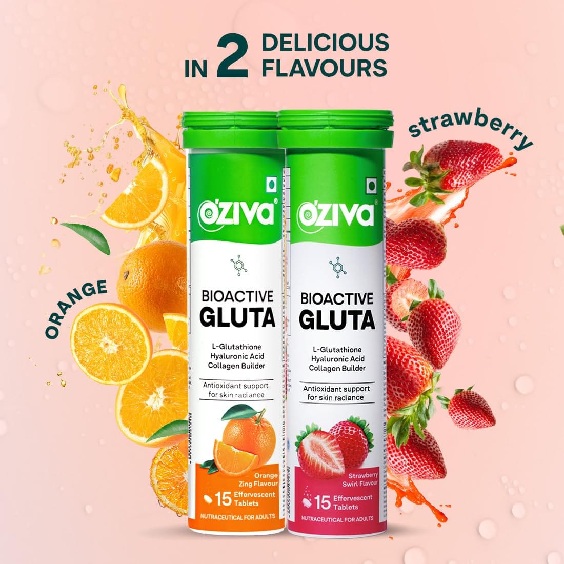 OZiva Bioactive Gluta Fizzy ( L-Glutathione, Hyaluronic Acid, Asthaxanthin,  Lycopene & Collagen Builder) to Reduce Cellular Damage - Strawberry swirl,  Pack of 1 (15 Tablets)