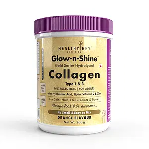 HealthyHey Nutrition Skin Support - Glow-n-Shine Collagen Power 200g | Hydrolysed Collagen for Women and Men with Hyaluronic Acid, Biotin and Vitamin C for Healthy Skin, Hair and Nails - (Orange, 200gm)