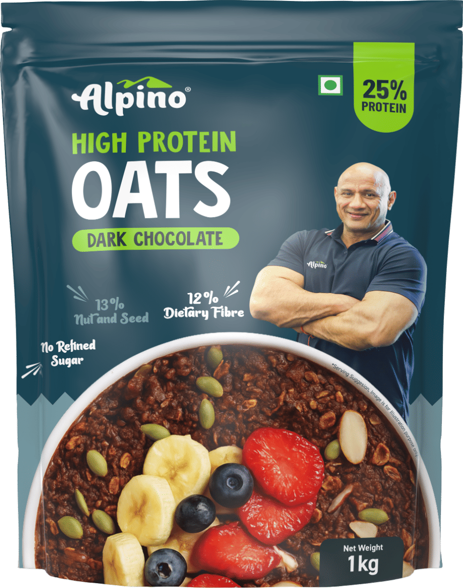 

ALPINO 25g High Protein Oats Dark Chocolate 1kg - Rolled Oats, Protein Blend, Jaggery Powder, Cocoa Powder, Nuts & Seeds - Source of Dietary Fibre ...