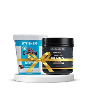 MyFitness Olympia Edition Dark Chocolate Peanut butter with Added Whey- Smooth 510g & Nutrabay Gold 100% Whey Protein Concentrate - 500g, Rich Chocolate Creame - 15 Servings