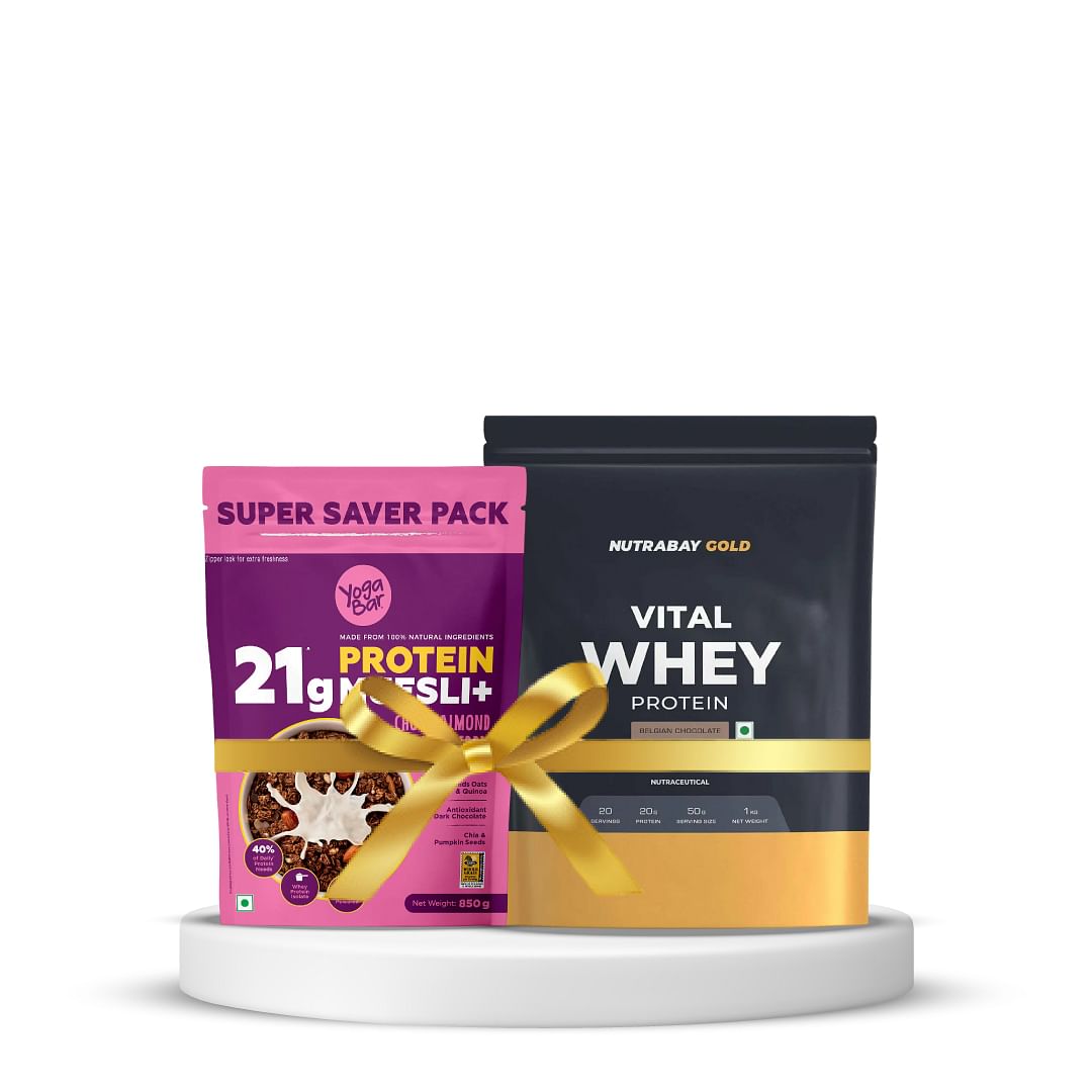 

Nutrabay Gold Vital Whey Protein for Beginners 1kg, Belgian Chocolate & Yogabar High Protein Muesli, Choco Almond & Cranberry 850 g