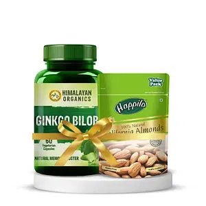 Happilo 100% Natural Premium Californian Almonds 1000g Value Pack & Himalayan Organics Ginkgo Biloba 500Mg 60 Veg Capsules | Pack of 2 Combo