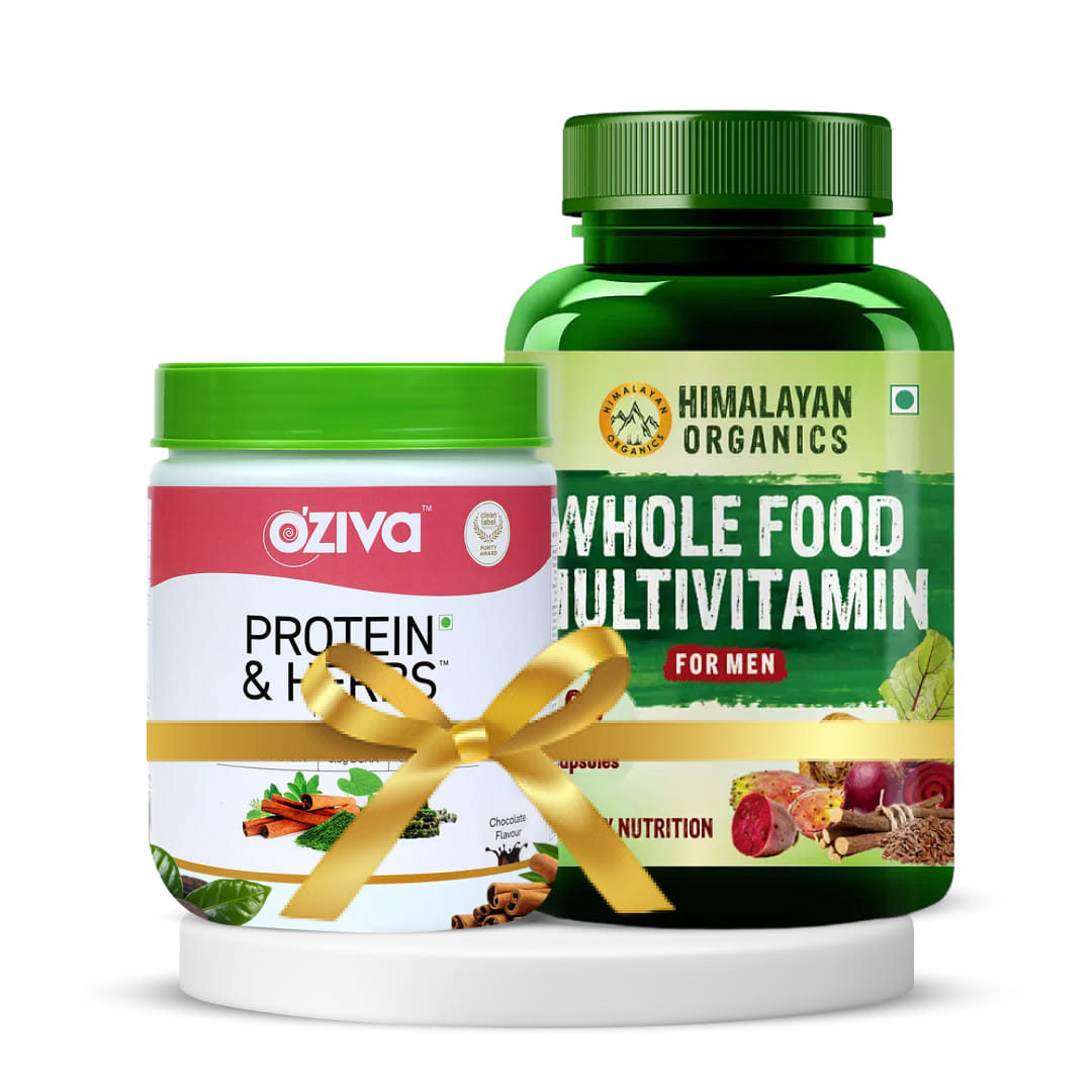 Women's Health and Immunity Booster | OZiva Protein & Herbs for Women Chocolate, 500g Natural Protein Powder for Women + Himalayan Organics Whole Food Multivitamin for Men With Natural Vitamins, Minerals, Extracts 60 Veg Capsules