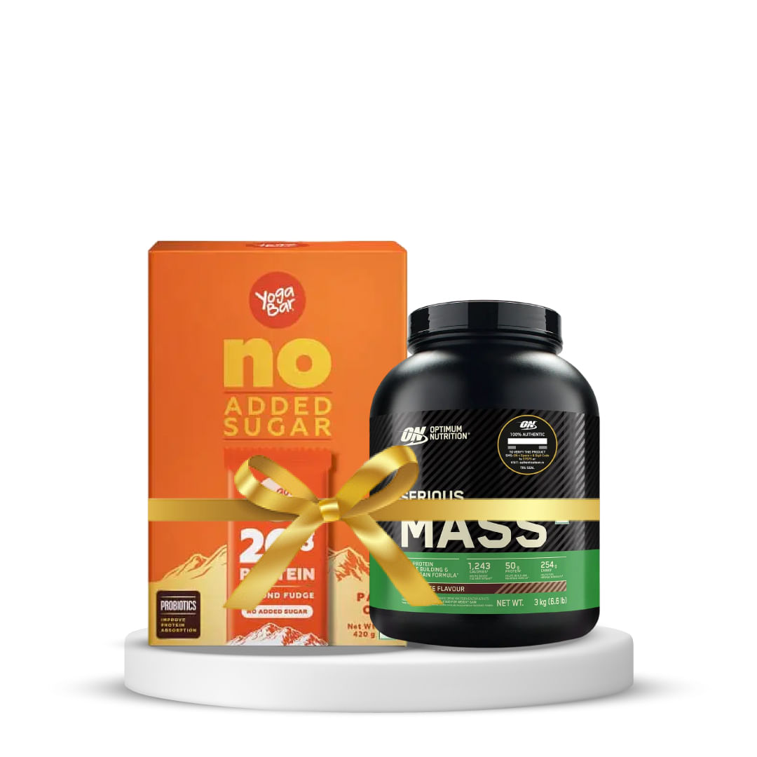 

Optimum Nutrition (ON) Serious Mass High Protein Weight Gain Powder(Veg) 3 kg (Chocolate) & Yogabar Almond Fudge Protein Bars Pack of 6 Combo