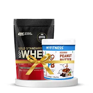 Optimum Nutrition (ON) Gold Standard 100% Whey Protein Powder 1 lbs, 454 g (Double Rich Chocolate) & MyFitness Chocolate Peanut Butter Crunchy 1250g Combo
