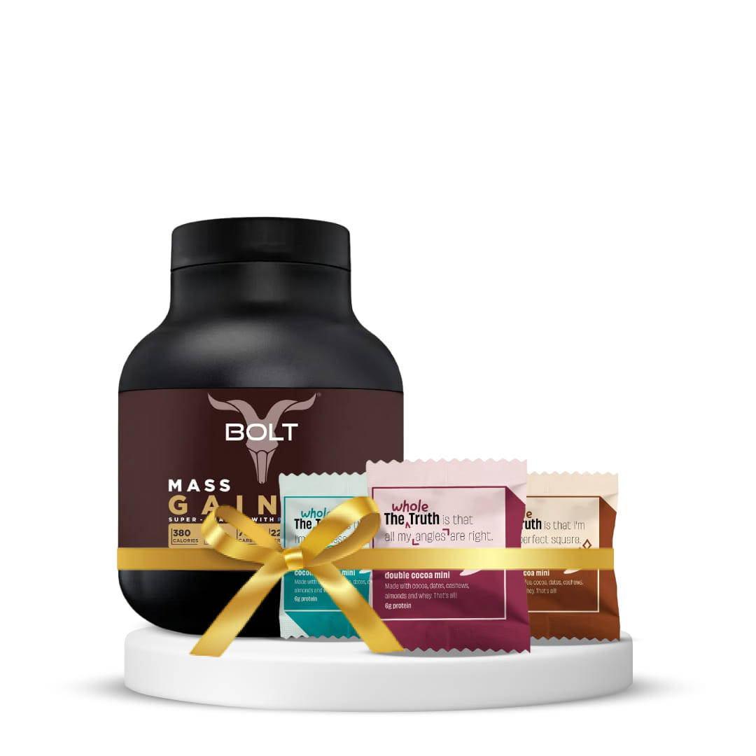 Bolt Mass Gainer Super 5 lb, 2.68 kg Piedmont Chocolate & The Whole Truth - 8 Mini Protein Bars | Pack of 2 Combo