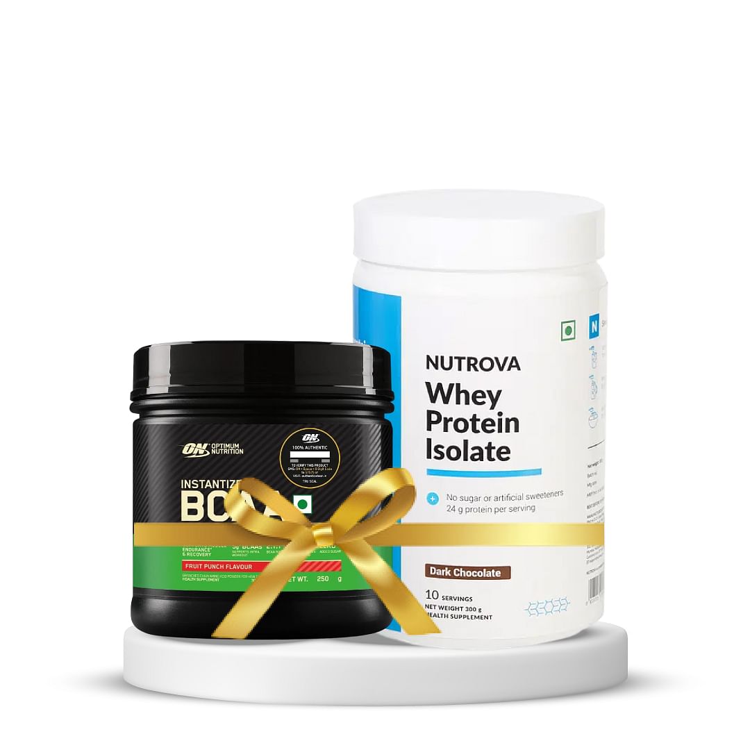 

Optimum Nutrition BCAA 250gm Fruit Punch & Nutrova Whey Protein Isolate 300g | Pack of 2 Combo