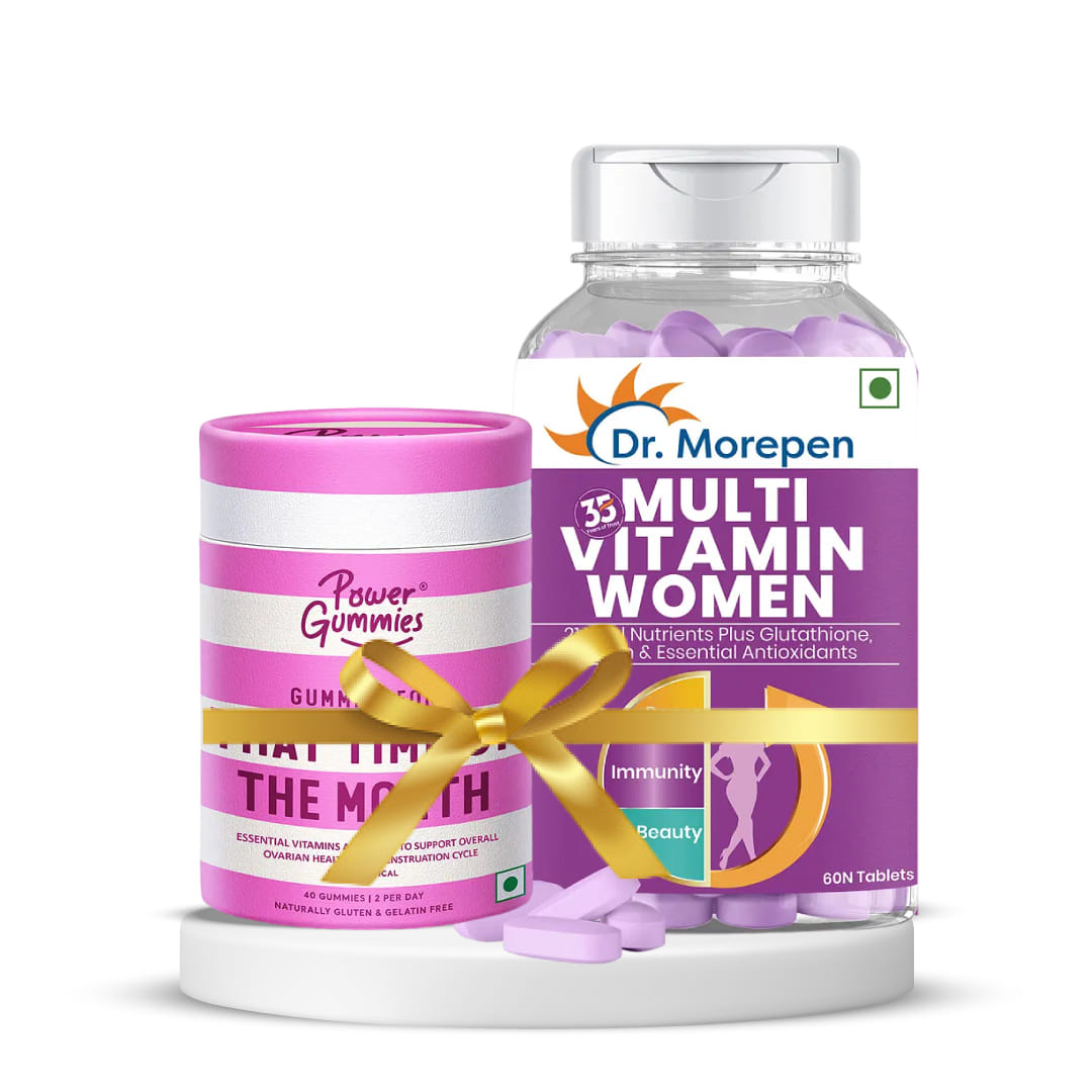 Vitality and Immunity Boost Bundle for Women | Power Gummies That Time of The Month, 40 gummies + DR. MOREPEN Multivitamins for Women with Calcium & Herbal Extracts for Energy & Immunity Boost - 60 Veg Tablets