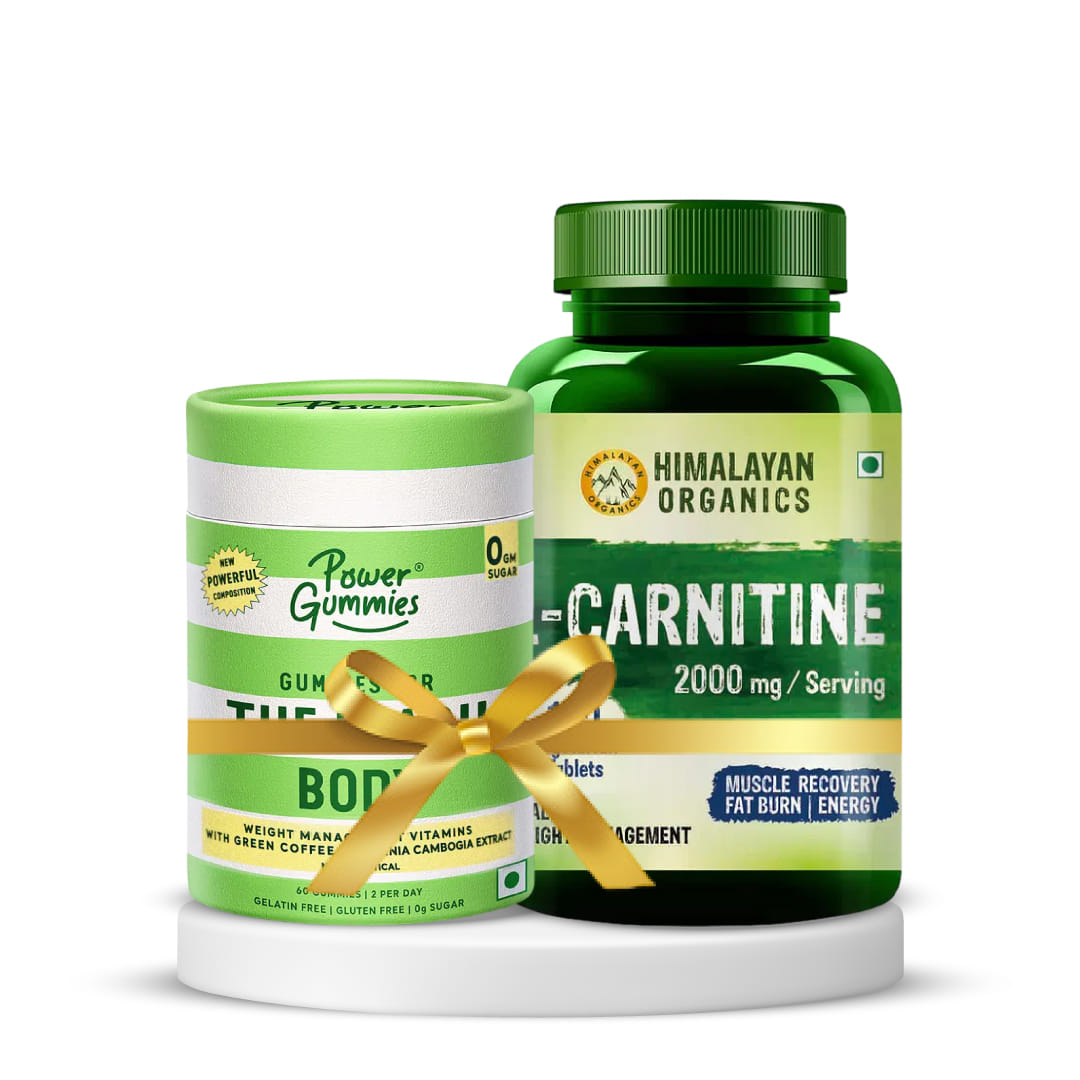 Weight Management | Himalayan Organics L-Carnitine 2000mg/Serve 120 Veg Tablets + Power Gummies The Beach Body with Green Coffee, 60 gummies, Orange Twist