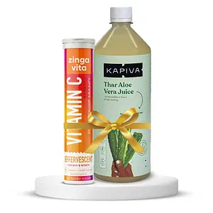 Skin and Hair Rejuvenation | Kapiva Thar Aloe Vera Juice (Rejuvenates Skin & Hair), 1 L, Unflavoured + Zingavita Vitamin C Zinc Effervescent Tablets Natural Amla Extract for Strong Immunity