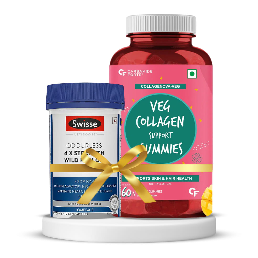 Total Health and Beauty | Swisse Ultiboost Odourless 4X Strength Wild Fish Oil Supplement with (1800MG) Concentrated Omega 3 - 60 Tablets + Carbamide Forte Veg Collagen Support Gummies - Mango Flavour - 60 Gummies