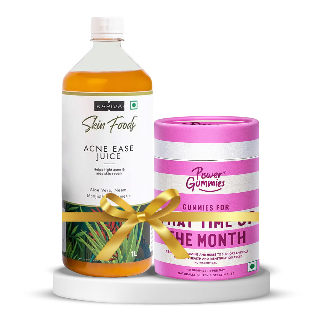 acne care and menstrual health support | kapiva acne ease juice 1 l + power gummies that time of the month, 40 gummies