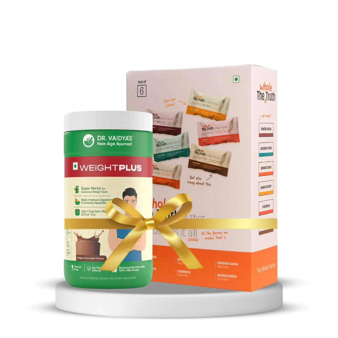 Healthy Weight Gain and Nutrition | Dr Vaidys Weight Plus with 6 Superherbs for Healthy Weight Gain, 500g + The Whole Truth - Protein Bars - All-In-One - Pack of 6 (6 x 52g) - No Added Sugar - All Natural