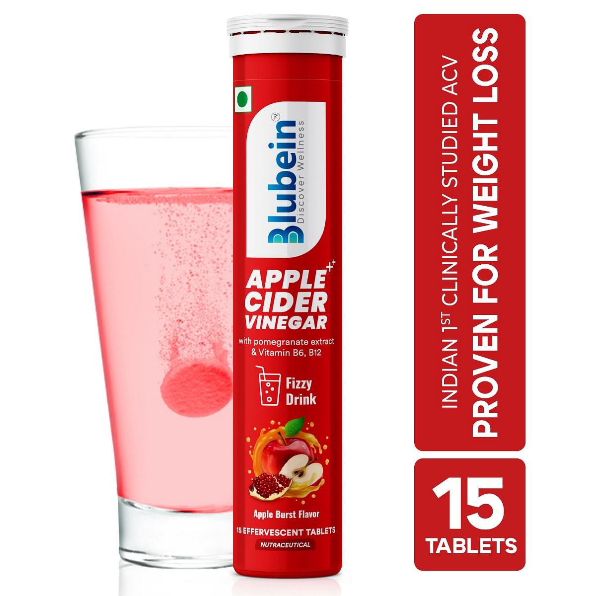 

Blubein APPLE CIDER VINEGAR ++ Effervescent tablets with Vitamin B6 & B12, Pomegranate Extract | 100% Vegan | Sugarfree | Weight Management | Enhan...