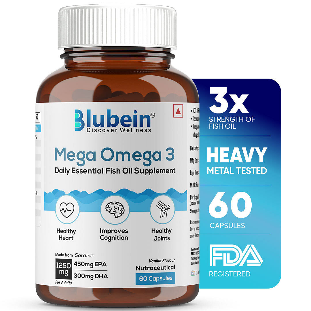 

Blubein Mega Omega 3 Fish Oil Capsules for Men & Women, Triple Strength with 1250 mg (450 mg EPA & 300 mg DHA) for Muscle Recovery, Joints & Brain ...