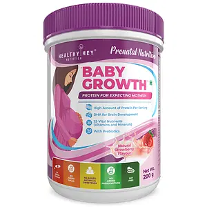 HealthyHey Nutrition- Protein for Pregnant Women - BabyGrowth - Strawberry - 200 gram - All Natural - Tastes Great- Vegetarian - High Protein - Prebiotics - Soy Free