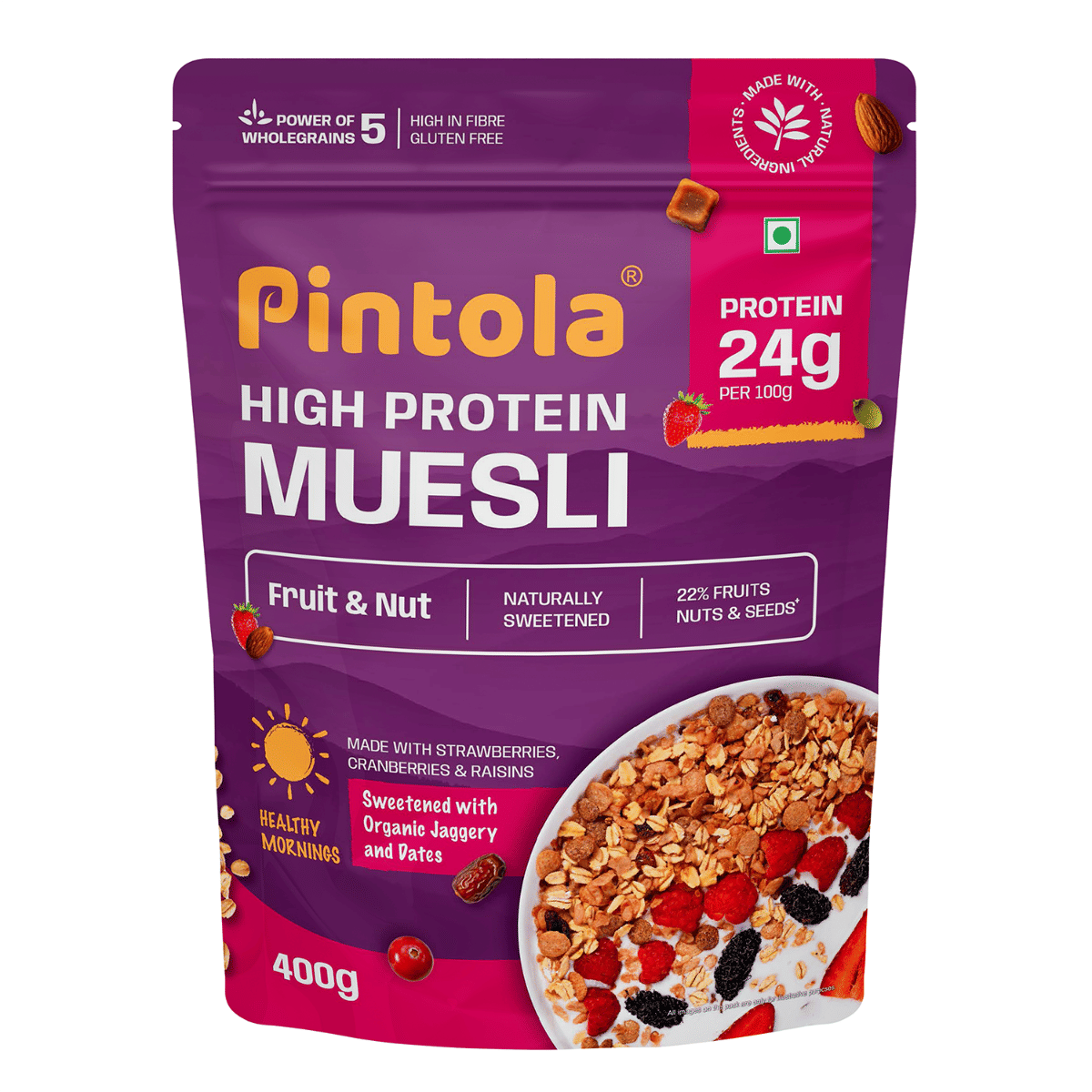 

Pintola 24g High Protein Muesli, Fruit & Nut, 400g | Gluten-Free, Naturally Sweetened with Organic Jaggery & Dates, 22% Fruits, Nuts & ...
