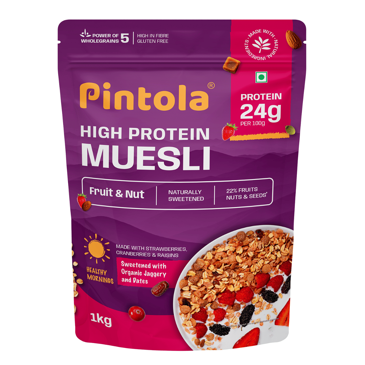 

Pintola 24g High Protein Muesli, Fruit & Nut, 1kg | Gluten-Free, Naturally Sweetened with Organic Jaggery & Dates, 22% Fruits, Nuts & S...
