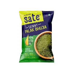 SATE Skinny tasty baked Palak Bhujia Sev with 50% Less Oil, 20% Fewer Calories. No Artificial Preservatives/Colours. No Palm Oil. Trans-Fat & Cholesterol Free 