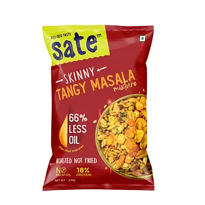 SATE Skinny Tasty Roasted Tangy Masala Mixture with 66% Less Oil, 18g protein & 8g dietary fibre (in every 100g of mixture). No Palm Oil. No Artificial Preservatives/Colours. Trans-Fat & Cholesterol Free.        