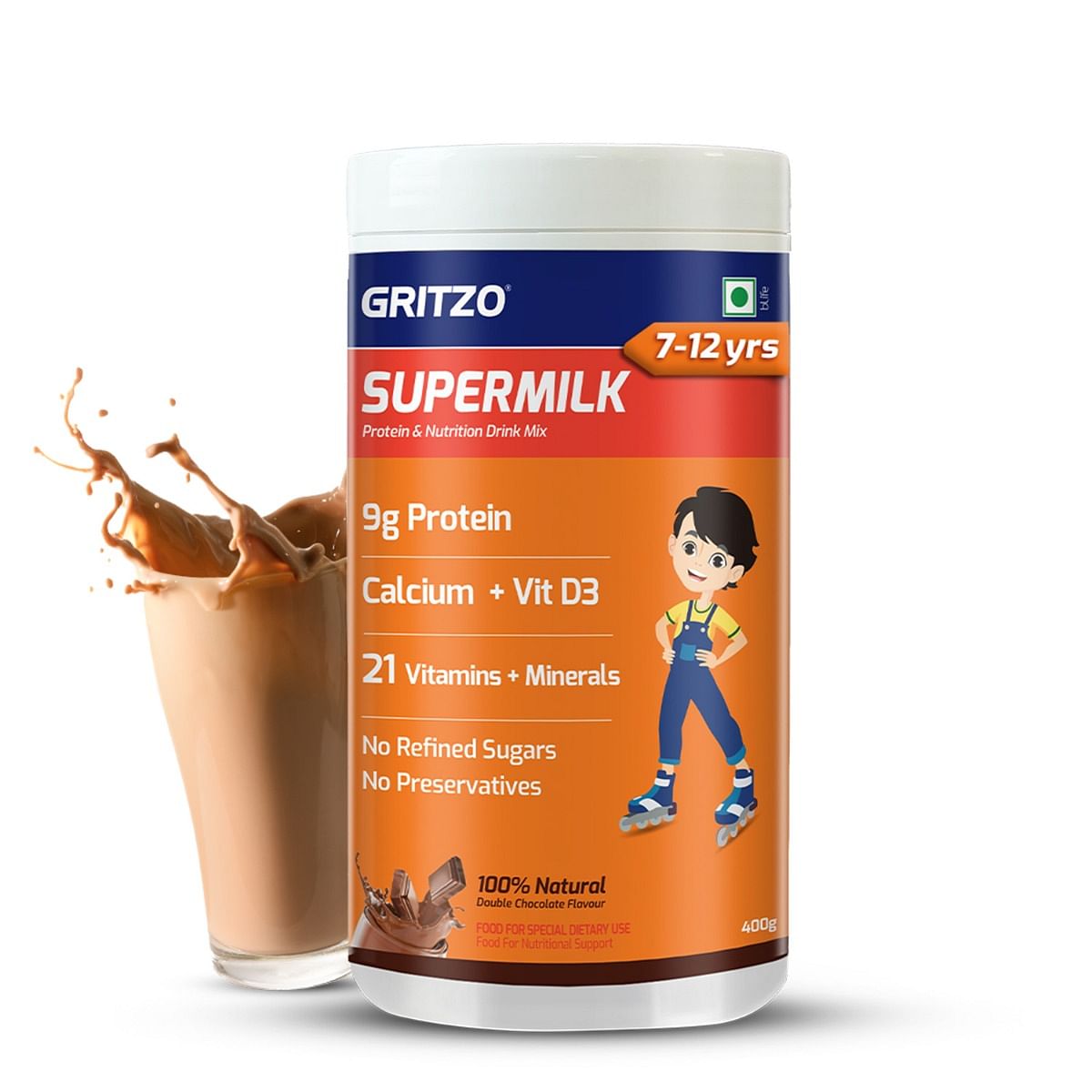 

Gritzo SuperMilk Overall Growth (7-12y Boys), 9g Protein (Double Chocolate, 400g) | Zero Refined Sugar, 21 Vitamins & Minerals