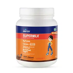 Gritzo SuperMilk Daily Nutrition (8-12y Young Athlete),9g Protein with Zero Refined Sugar, Double Chocolate, 1 kg