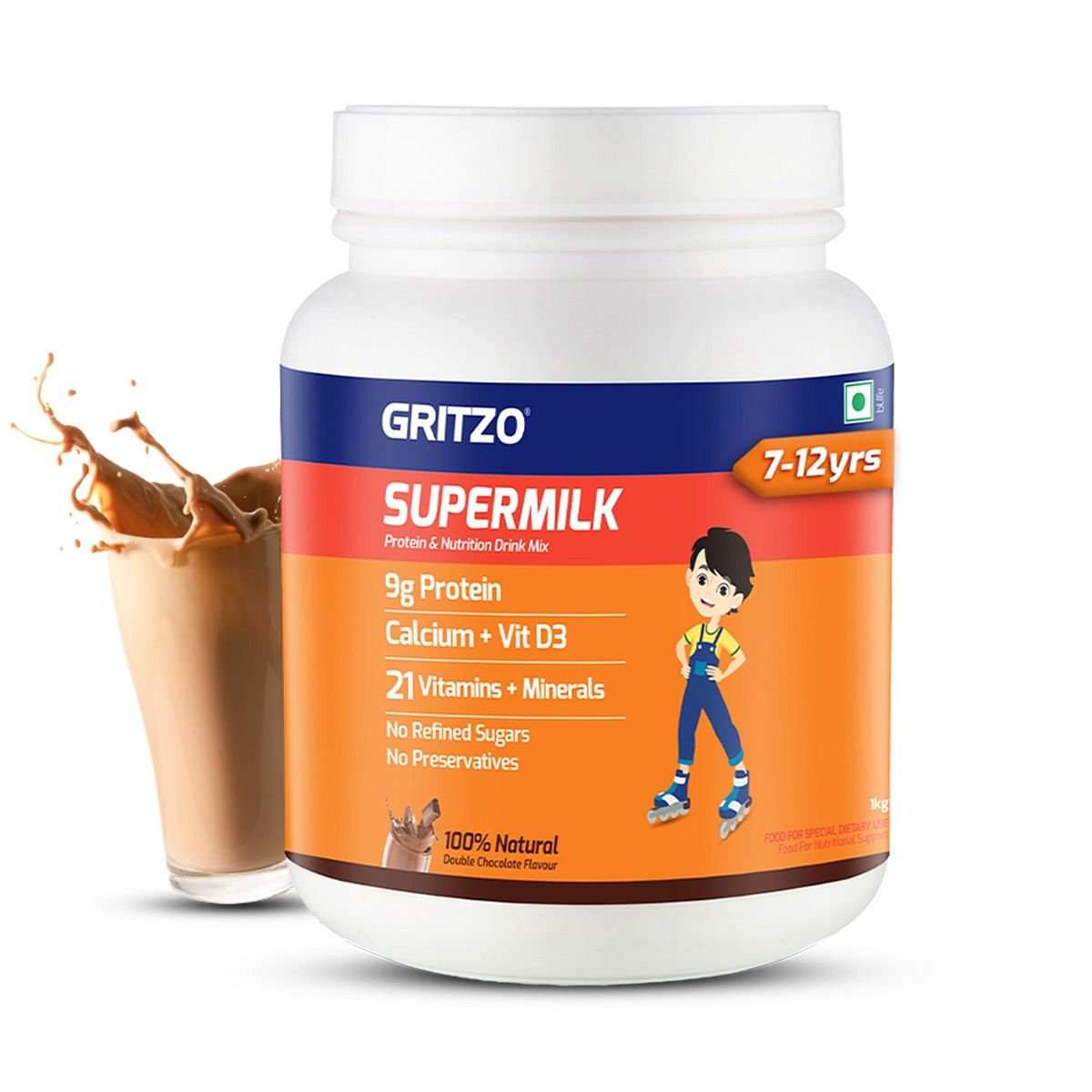 

Gritzo SuperMilk Daily Nutrition (7-12y Young Athlete), 9g Protein (Double Chocolate, 1kg) | Zero Refined Sugar, 21 Vitamins & Minerals