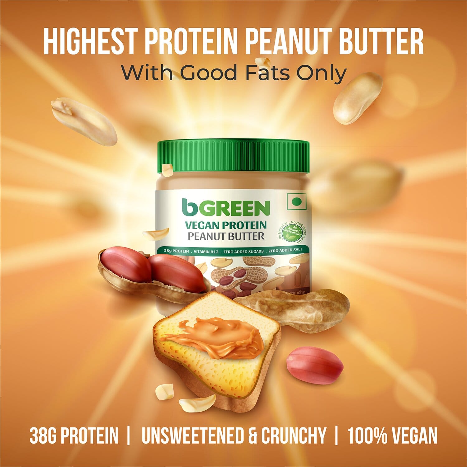 bGREEN by HealthKart Vegan Protein Peanut Butter, Unsweetened, Crunchy