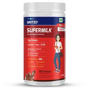 Gritzo Supermilk Daily Nutrition(13+Y Girls),12G Protein With Zero Refined Sugar Powder, Double Chocolate, 400G
