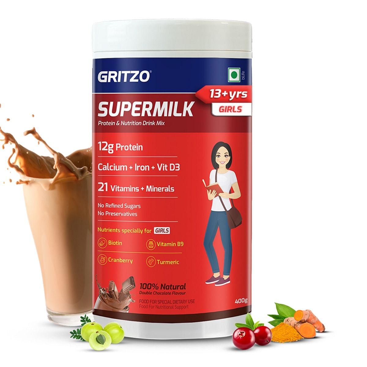 

Gritzo SuperMilk Overall Growth (13+y Girls), 12g Protein (Double Chocolate, 400g) | Zero Refined Sugar, 21 Vitamins & Minerals