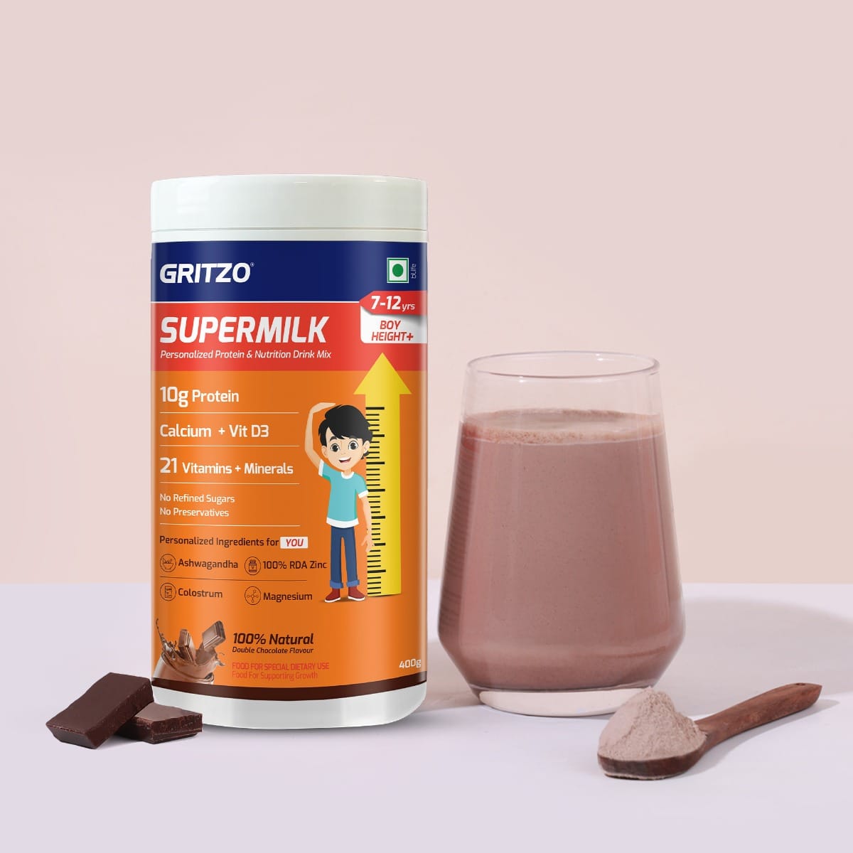 Gritzo SuperMilk Height+ (7-12y Boys), 10g Protein (Double