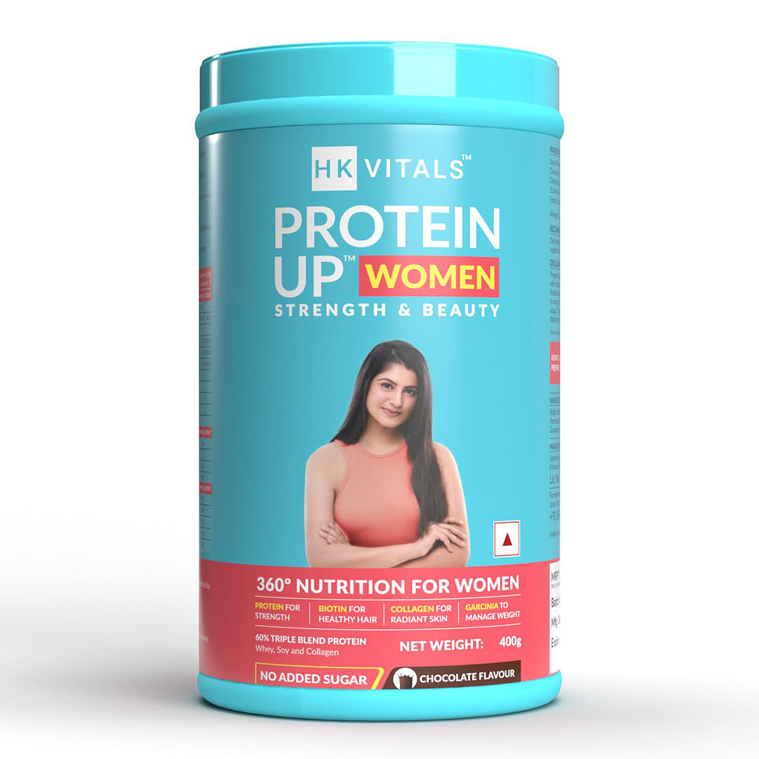 

HK Vitals ProteinUp Women with Soy, Whey Protein, Collagen, Vitamin C, E & Biotin for strength and beauty from within (Chocolate, 400g / 0.88 lb)