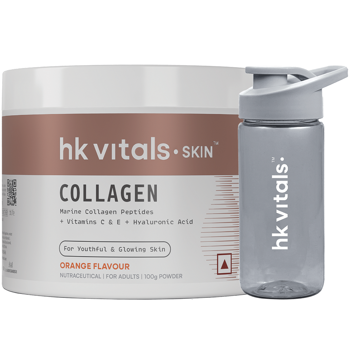 

HK VITALS Marine Collagen Supplement (Orange, 100g) & Sipper Bottle (Grey, 300ml) | Combo Pack